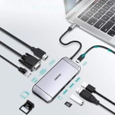 Choetech Choetech 9v1 multifunkčný USB-C HUB - 3xUSB 3.2 Čítačka kariet SD a TF HDMI 4K 30Hz VGA FHD 60Hz / USB-C / RJ45 sivá