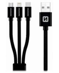 SWISSTEN Swissten Datový kabel 3in1 MFi, 1,2 m, textilní, (micro USB, USB-C, Lightning) černý