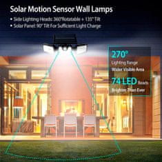 Netscroll 3-stranná stenná solárna svetelná s pohybovým senzorom, solárne svetlo s 360° rotáciou, 8 hodín prevádzky, vodotesná, na osvetlenie dvora, garáže, záhrady, terasy, vchodových dverí, TripleSolar