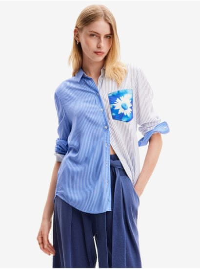 Desigual Bielo-modrá dámska pruhovaná košeľa Desigual Flower Pocket