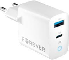 Forever síťová nabíječka GaN TC-06-45AC, USB-C, USB-A, 45W, biela