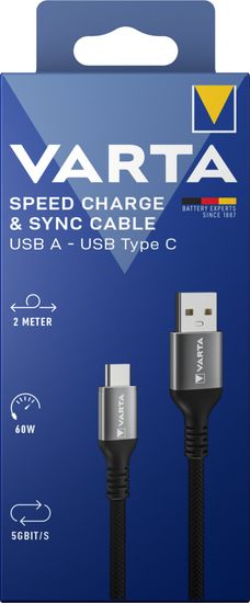 VARTA kábel USB-A - USB-C, 60W, 2m, čierna