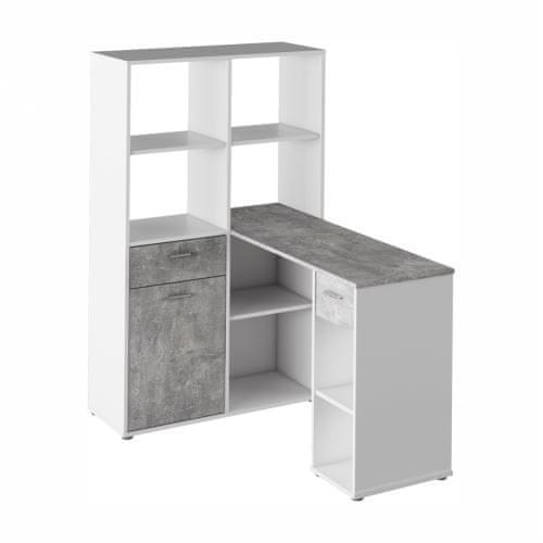 KONDELA Rohový PC stôl s regálom biela, šedá MINESON drevotrieska 90 x 124 x 145 cm