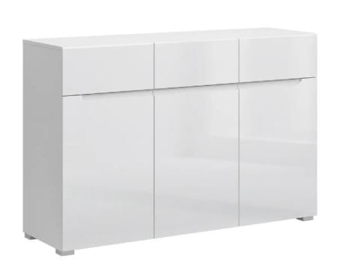 KONDELA Komoda 3D3S, biely vysoký lesk HG, JOLK drevotrieska 41.8 x 135 x 55 cm