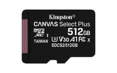 Kingston 512GB microSDHC CANVAS Plus Memory Card 100MB/85MB- UHS-I class 10 Gen 3 - bez adaptéra