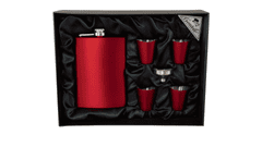koryworld Červená nerezová ploskačka , 4 ks poháre a lievik v darčekovej krabičke
