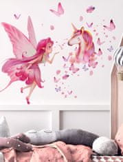 EXCELLENT Nálepka na stenu 75x100 cm - Ružová víla s jednorožcom