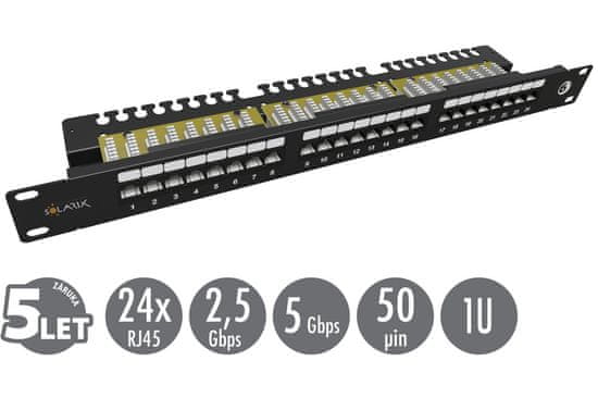 Solarix 19" patch panel 24 x RJ45 CAT6 UTP s vyväzovacou lištou 1U SX24L-6-UTP-BK-N