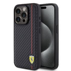 Ferrari Zadný kryt PU Leather Carbon Vertical Red Line pre iPhone 15 Pro Black