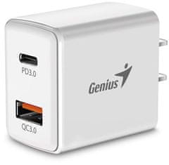 Genius PD-20AC, Napájací adaptér, sieťová nabíjačka, 1× USB, 1× USB-C, 3A, Quick Charge 3.0, PD 3.0, 20W, 100–240V, Biela