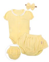 Baby Nellys 3-dílná mušelínová soupravička, body, kraťasky + čelenka GIRL, žlutá, vel. 68