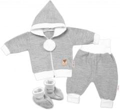 Baby Nellys 3-dílná souprava Hand made, pletený kabátek, kalhoty a botičky, šedá - 68 (3-6m)