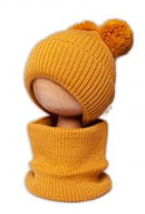 Baby Nellys BABY NELLYS Zimní pletená čepice + nákrčník - hořčicová s bambulkami