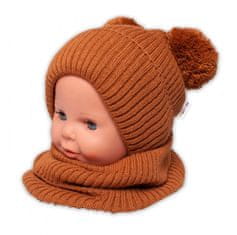 Baby Nellys BABY NELLYS Zimní pletená čepice + nákrčník - hnědá s bambulkami - 92-98 (18-36m)