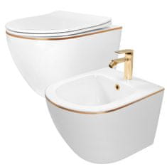 REA Carlo Mini Gold Edge, závesná WC misa 490x370 mm + bidet 495x370 mm, biela so zlatým okrajom, 46327