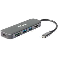 D-Link USB Hub 6v1 z USB-C na HDMI se čtečkou SD/ microSD karet a funkcí Power Delivery - šedý