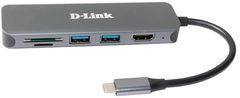 D-Link USB Hub 6v1 z USB-C na HDMI se čtečkou SD/ microSD karet a funkcí Power Delivery - šedý