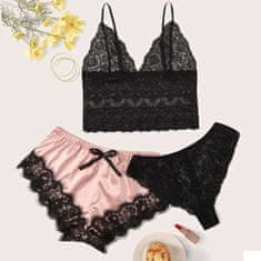 Netscroll Ženská 4-dielna súprava spodnej bielizne, dámska pyžama a nádychom hodvábu a saténu, jemná ružovo-čierna kombinácia, jemná a pohodlná, nohavičky, župan, brazílske nohavičky a podprsenka, LuxurySet