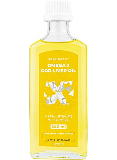 BrainMax Omega 3, olej z treščej pečene, citrón, 240 ml