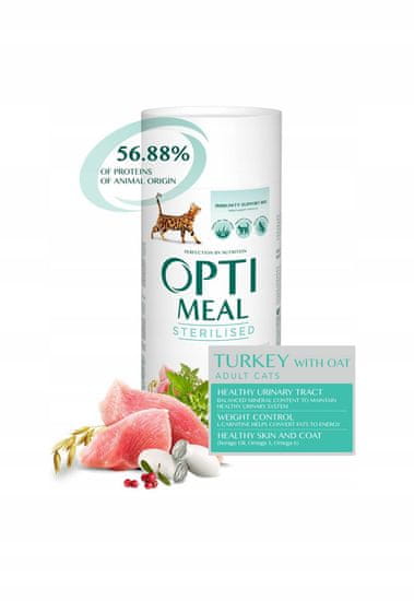 OptiMeal OPTIMEAL suché krmivo pre sterilizované mačky s morčacím mäsom a ovsom 650 g