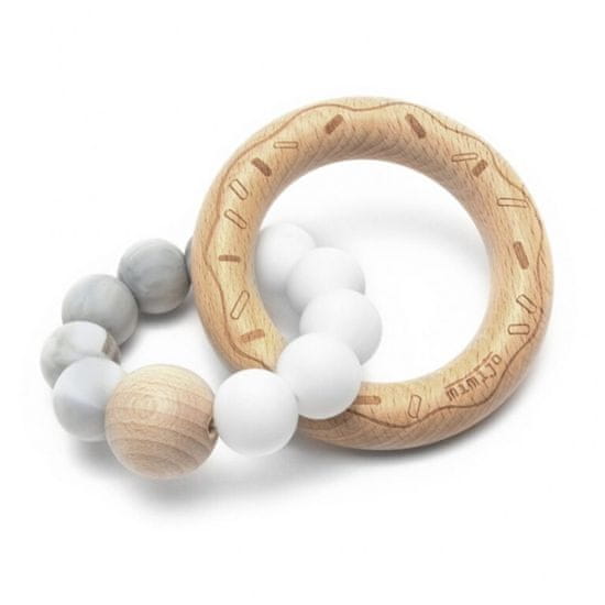 Mimijo Silikonové kousátko Donut Mimijo na dřevěném kroužku - bílo/šedý