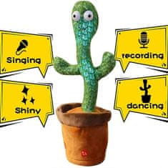 Netscroll Interaktívna plyšová hračka kaktus, ktorá spieva, tancuje, prehráva hudbu, opakuje slová a nahráva, LED svetlá, zábavná vzdelávacia hračka, svieti, 120 piesní, ideálny narodeninový darček, CactusToy