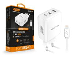 Aligator Múdra sieťová nabíjačka Power Delivery 40W, 2xUSB-C, USB-C kábel pre iPhone / iPad, biela
