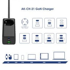 Akyga Nabíjačka univerzálna AC 230V + USB-A + 2x USB-C PD 5-20V/max. 5A/65W Quick Charge 3.0 GaN, čierna