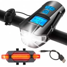 Dexxer Vodeodolné nabíjateľné LED svetlo na bicykel USB s tachometrom a elektrickým zvončekom