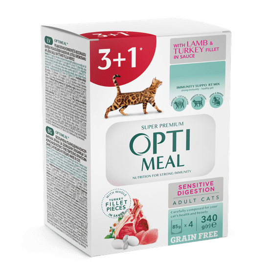 OptiMeal OPTIMEAL Mokré krmivo pre mačky Sensitive jahňacie morčacie 3+1 ZADARMO