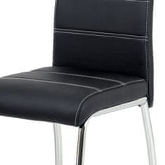 Autronic - Jedálenská stolička, poťah čierna ekokoža, biele prešitie, kovová štvornohá chrómovaná podnož - HC-484 B