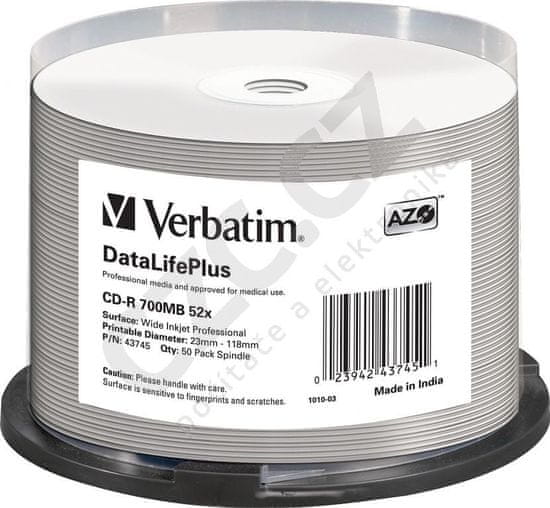 VERBATIM 52x 700MB, White Wide Printable Surface No ID, Spindle 50ks (43745)