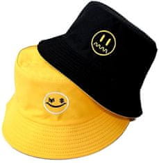 Camerazar Obojstranná rybárska čiapka BUCKET HAT, čierna/žltá s emotikonom, polyester/bavlna, univerzálna veľkosť 55-59 cm
