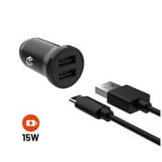 FIXED Set autonabíječky s 2xUSB výstupem a USB/USB-C kabelu, 1 metr, 15W Smart Rapid Charge FIXCC15N-2UC-BK, černá