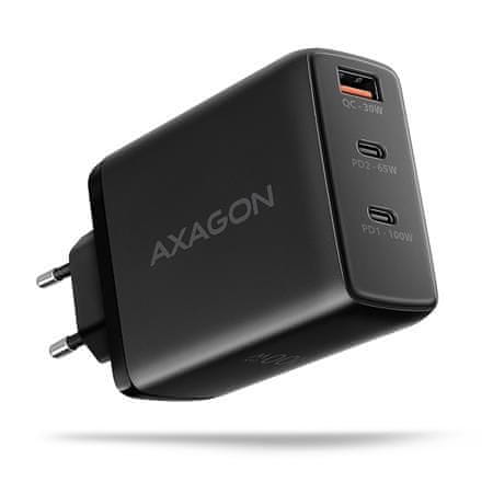 AXAGON ACU-DPQ100, GaN nabíjačka do siete 100W, 3x port (USB-A + dual USB-C), PD3.0/PPS/QC4+/Apple, čierna