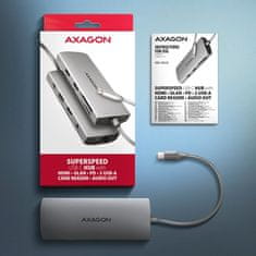AXAGON HMC-8HLSA, USB 5Gbps húb, 3x USB-A, HDMI 4k/60Hz, RJ-45 GLAN, SD/microSD, audio, PD 100W