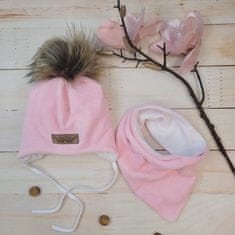 Z&Z Zimní dvouvrstvá čepice na zavazování s bambulí z kožešinky + šátek Z&Z, růžová - 68-74 (6-9m)