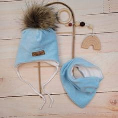 Z&Z Zimní dvouvrstvá čepice na zavazování s bambulí z kožešinky + šátek Z&Z, modrá