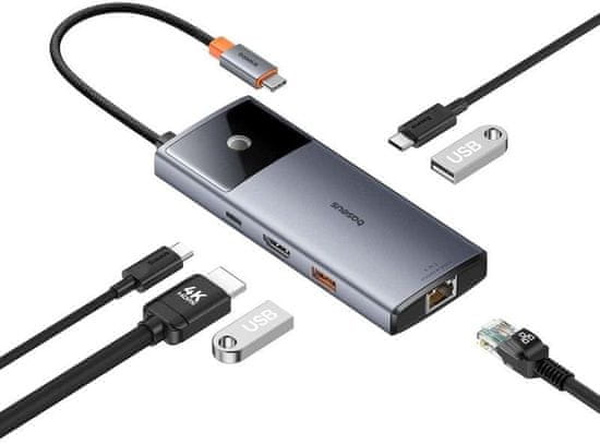 BASEUS dokovací stanice Metal Gleam 2 saries 6v1, 2xUSB 3.0, USB-C, USB-C PD, HDMI, RJ45, šedá