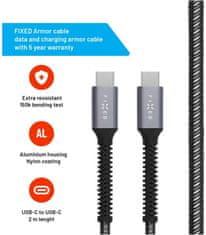 FIXED odolný nabíjecí a datový kábel Armor USB-C - USB-C, 2m, USB 2.0, PD 240W, šedá