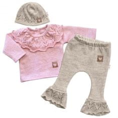 Baby Nellys Pletená soupravička s volánkem Heart, 3D, kabátek, kalhoty a čepička, růžová/béžová