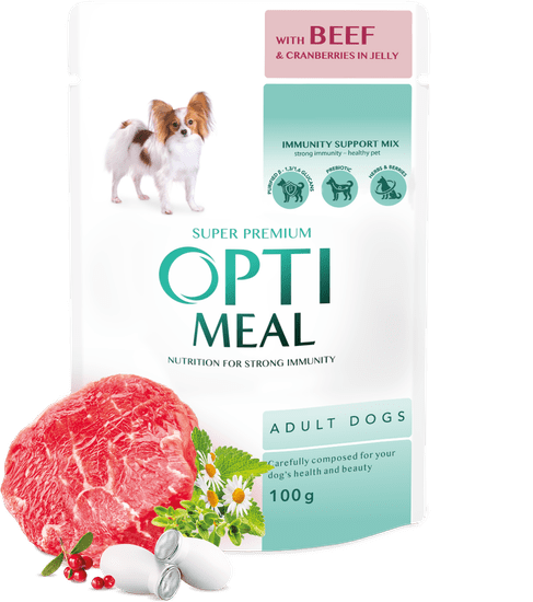 OptiMeal Mokré krmivo pre psov - Hovädzie mäso a brusnicové želé 12x100g