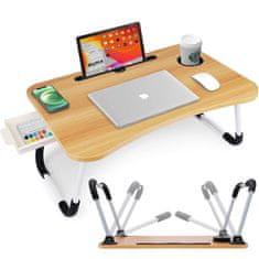 Severno Skladací stolík na notebook vo farbe dreva s priestorom na šálku a zásuvku