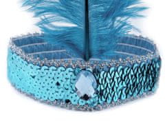 Karnevalová čelenka flitrová s perím retro - modrá azúrová
