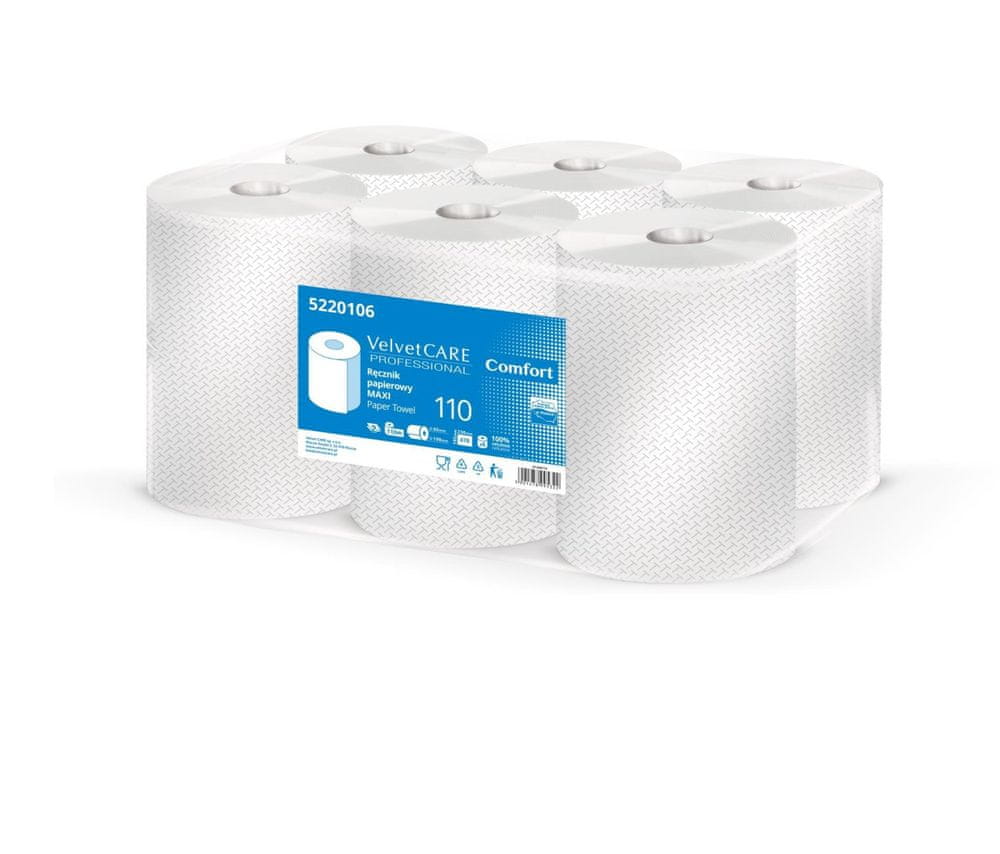WEBHIDDENBRAND Velvet CARE Papierové uteráky v rolke Velvet Professional - 2vrstvové, biele, 110 m, 6 roliek