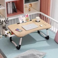 Severno Skladací stolík na notebook vo farbe dreva s priestorom na šálku a zásuvku