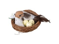 Dekorácia plast, prútie 80mm hniezdo s kropenatými vajíčkami a vtáčikmi, mix farieb