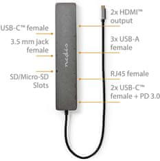 Nedis multiportový adaptér USB-C, 3x USB-A, USB-C, 2x HDMI, RJ45, šedá