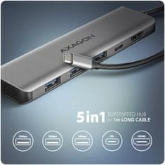 AXAGON multifunkční HUB 5v1 USB 5Gbps hub, 3x USB-A, USB-C, HDMI 4K/30Hz, PD 100W, kábel USB-C 100cm
