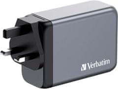 VERBATIM cestovní adaptér GNC-240, GaN, 3x USB-C PD 140W/100W/65W, 1xUSB-A QC 3.0, šedá